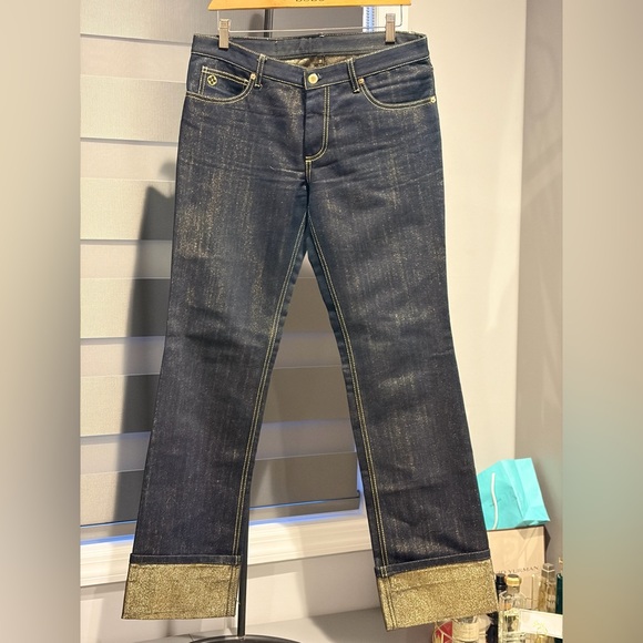 Louis Vuitton LV Metallic Gold Cuff Jeans Sz42 Dark Wash Designer Denim Rare Y2K - Picture 3 of 8